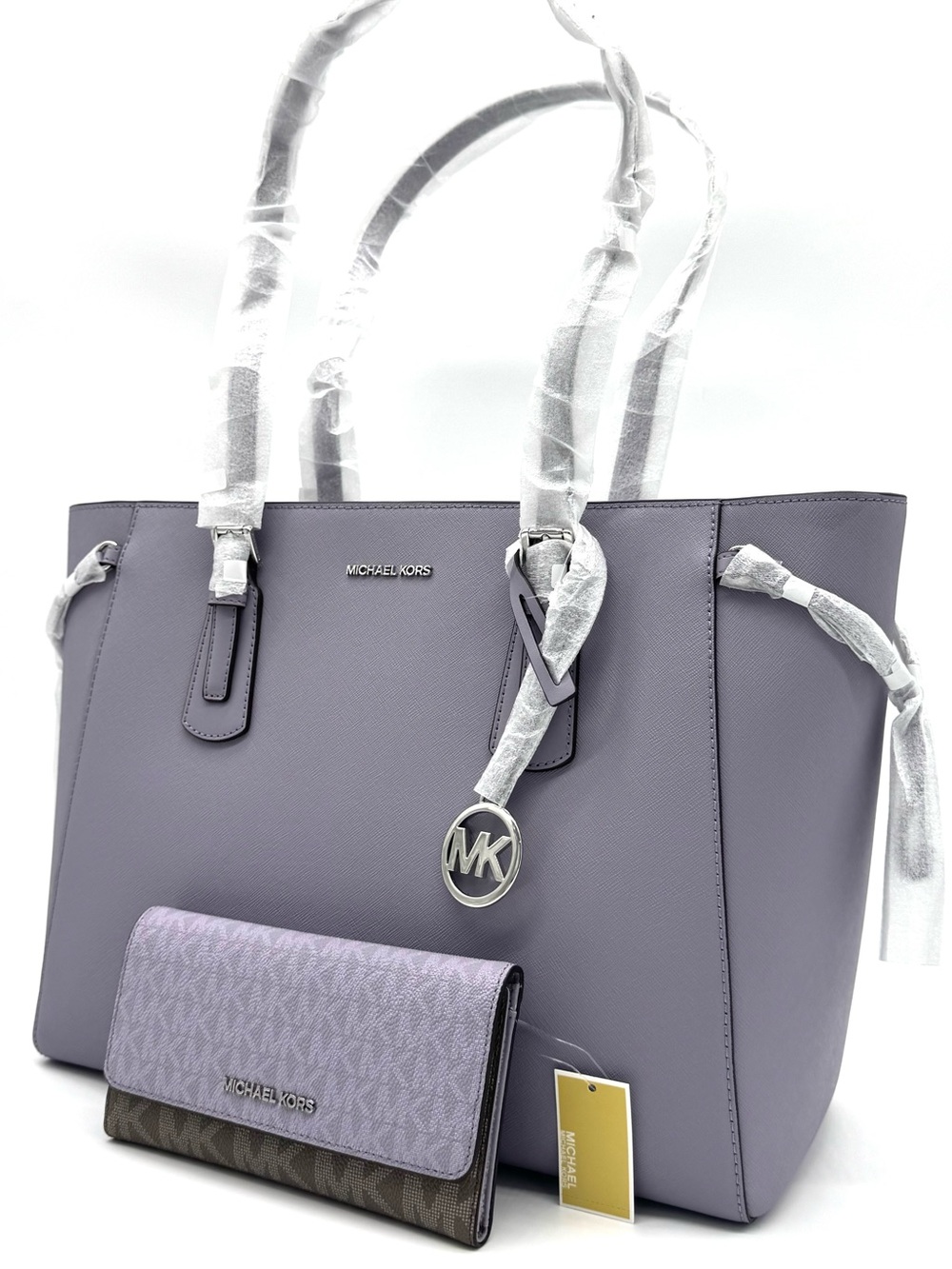 Michael Kors Voyager Large Leather Tote Bag w Matching Trifold Wallet - Lilac